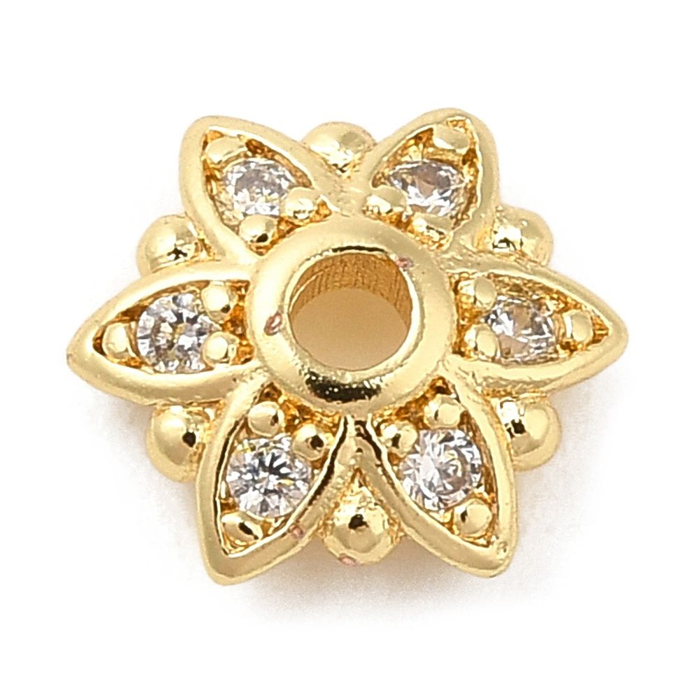 2pcs/Rack Plating Brass Micro Pave Clear Cubic Zirconia Bead Caps, Long-Lasting Plated, Lead Free & Cadmium Free, Flower, Real 18K Gold Plated/ 8x7x2.5mm