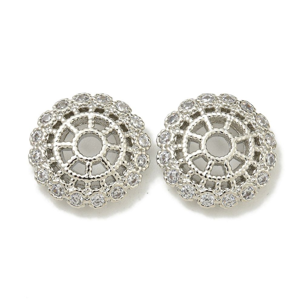 2pcs/Flower Brass Clear Cubic Zirconia Bead Caps, Long-Lasting Plated/ 12.8x3mm