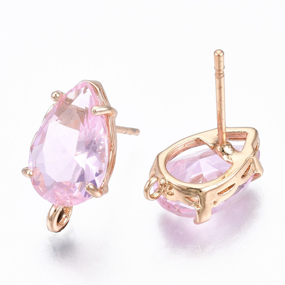 2pcs/Transparent Brass Stud Earring Findings, with Glass, Oval with Loop, Long-Lasting Plated/14x8.5mm