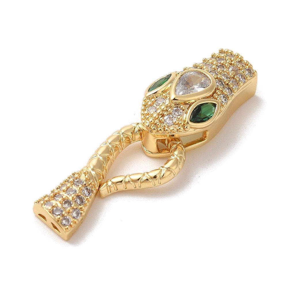 Snake Brass Micro Pave Cubic Zirconia S Hook Clasps, Cadmium Free & Nickel Free & Lead Free, with Glass, Long-lasting Plated, Real 18K Gold Plated/38mm