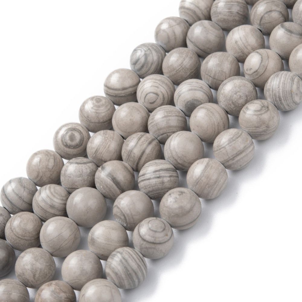 Natural Silver Line Jasper Beads Strands, Round, 8mm, Hole: 1.2mm, about 47pcs/strand, 15 inch