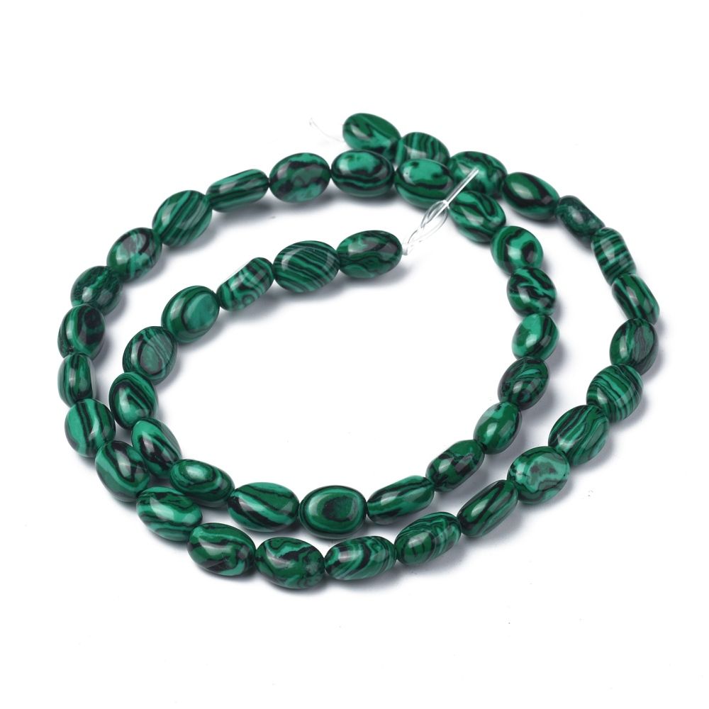 Synthetic Malachite Beads Strands, Oval, Dyed, 8x6x3.5~4mm, hole: 1mm, about 45~52pcs/strand, 15.16~15.74 inch(38.5~40cm)