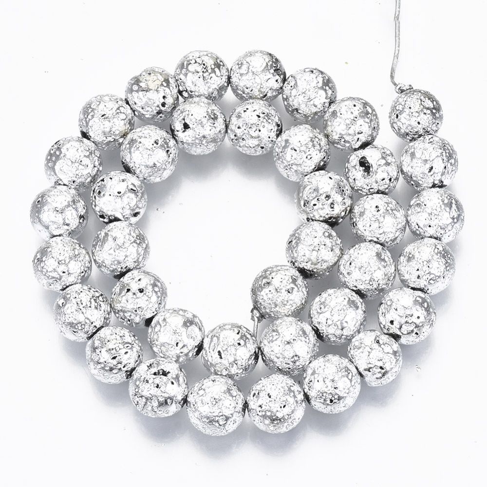 Electroplated Natural Lava Rock Beads Strands, Round, Bumpy, Silver, 10.5mm, Hole: 1mm, about 39pcs/Strand, 15.55 inch(39.5cm)