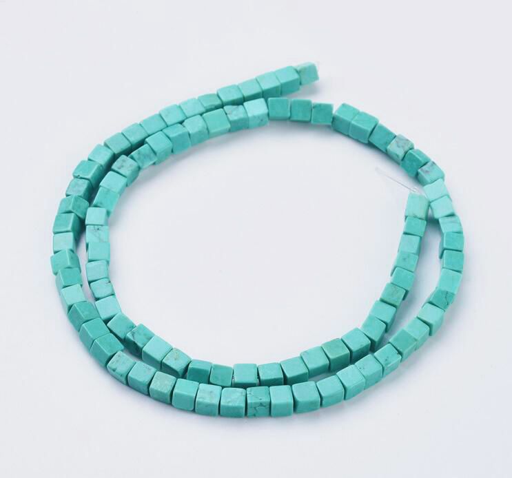 Natural Magnesite Beads Strands, Dyed, Cube, Medium Turquoise, 4~5x4~5x4~5mm, Hole: 1mm, about 90pcs/strands, 16.1 inch(41cm)
