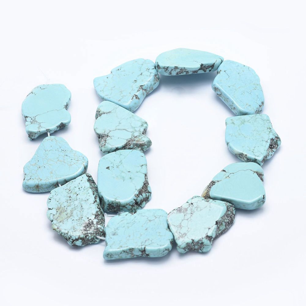 Natural Magnesite Beads Strands, Flat Slab Beads, Dyed & Heated, Nuggets, Cyan, 27~48x20~40x6~8mm, Hole: 1mm, about 8~12pcs/strand, 15.7 inch(40cm)