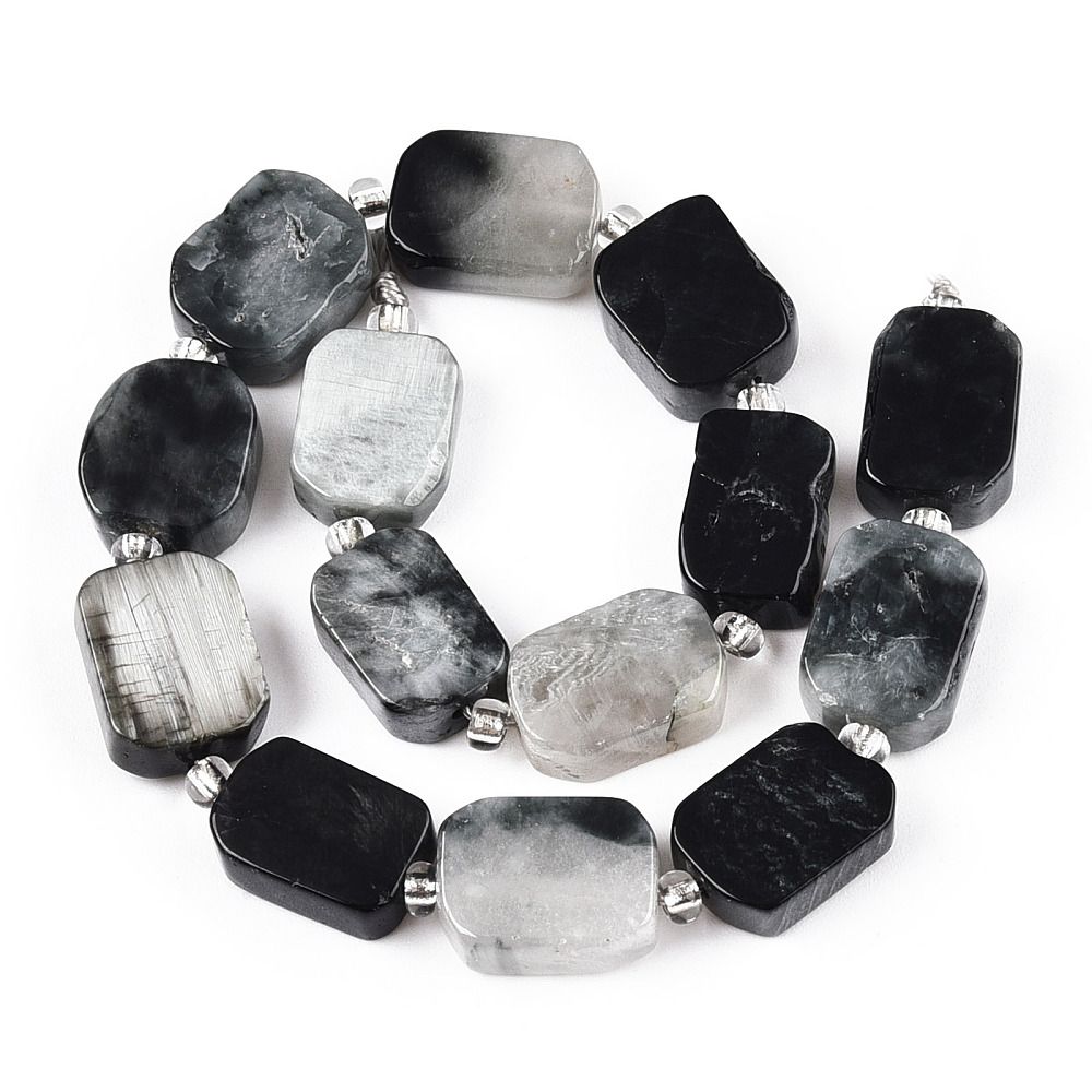 Natural Eagle Eye Stone Beads Strands, with Seed Beads, Rectangle, 12~12.5x8~9x4~4.5mm, Hole: 0.9mm, about 14pcs/strand, 7.68''(19.5cm)