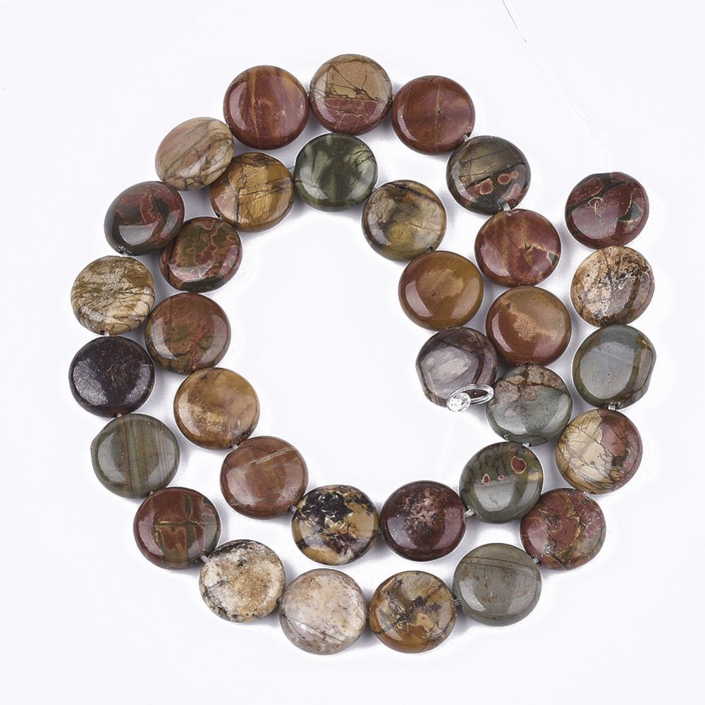 Natural Picasso Stone/Picasso Jasper Beads Strands, Flat Round, 12x4.5~5mm, Hole: 1mm, about 33~34pcs/strand, 15.3 inch~15.7 inch