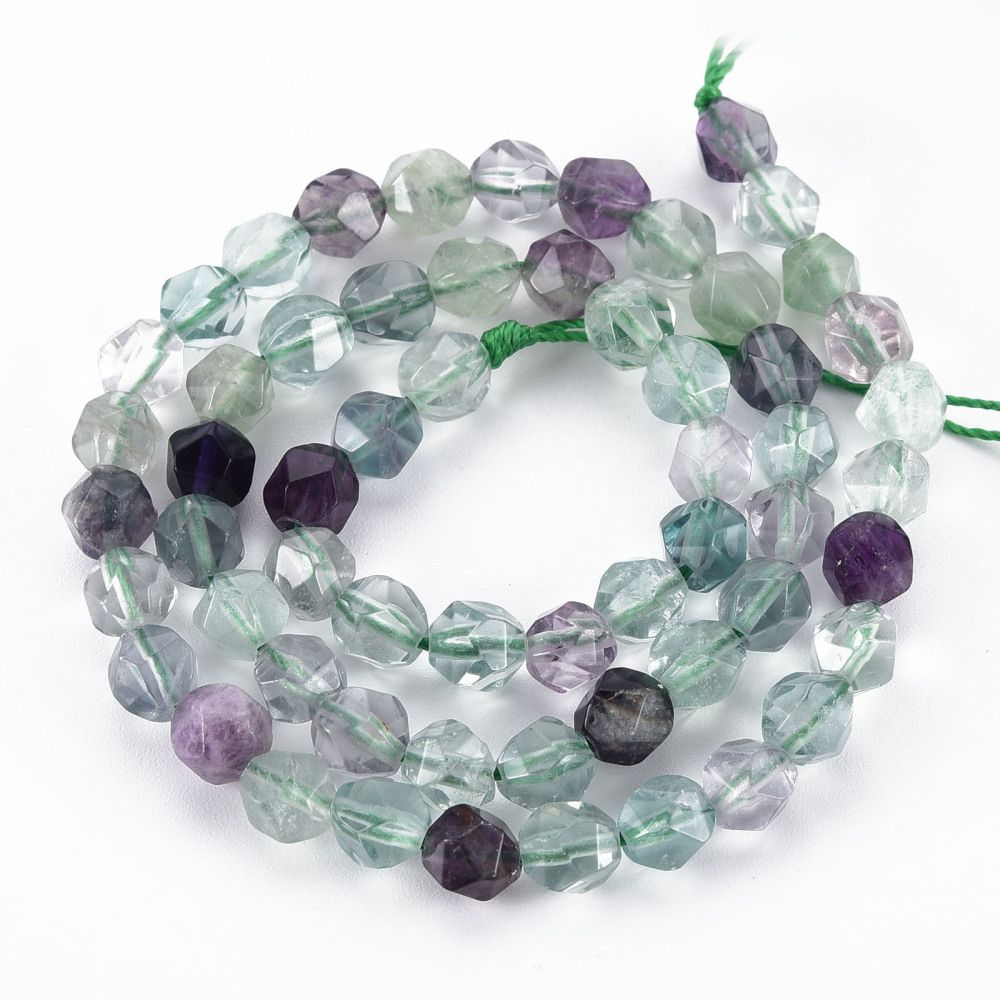 Natural Fluorite Beads Strands, Star Cut Round Beads, Faceted, 6~7x5~6mm, Hole: 1mm, about 59pcs/strand, 14.96 inch(38cm)