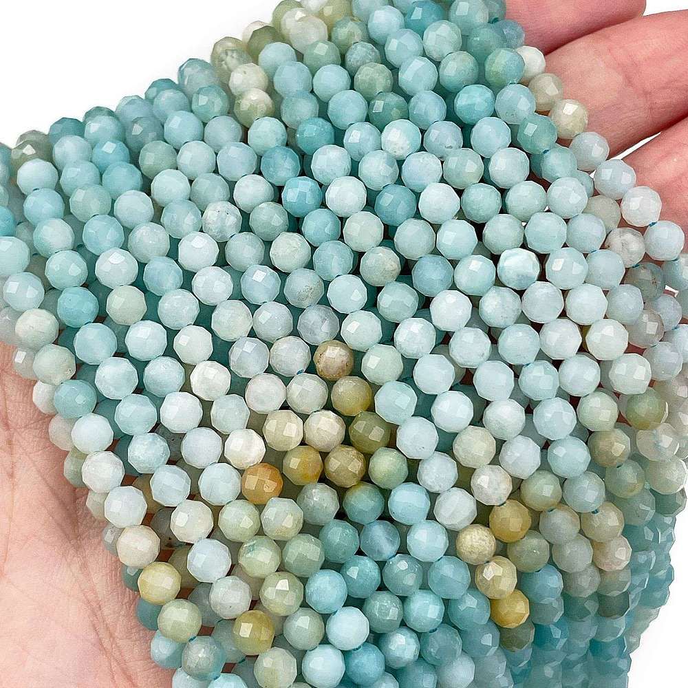 Natural Flower Amazonite Beads Strands, Faceted, Round, Grade A, 4mm, Hole: 0.7mm, about 97pcs/strand, 15.75 inch(40cm)