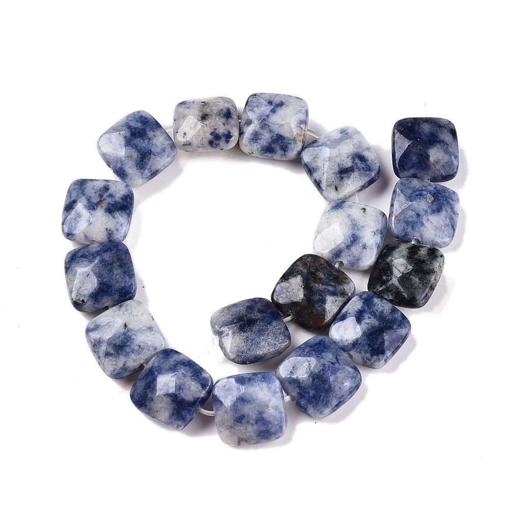 Natural Blue Spot Jasper Beads Strands, Faceted, Faceted Square, 12~12.5x12~12.5x5.5~6mm, Hole: 1.2mm, about 17pcs/strand, 8.07''~8.4''(20.5~21cm)