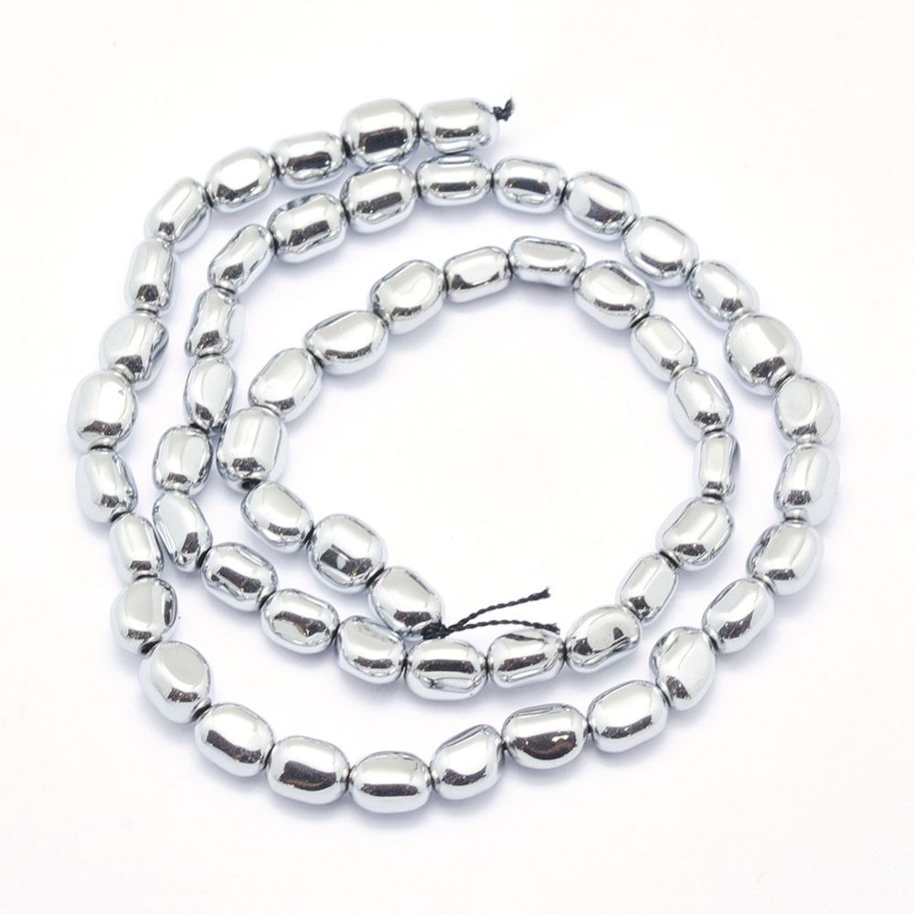 Electroplate Non-magnetic Synthetic Hematite Beads Strands, Nuggets, Platinum Plated, 7x4~5mm, Hole: 1mm, about 57pcs/strand, 15.7 inch(40cm)