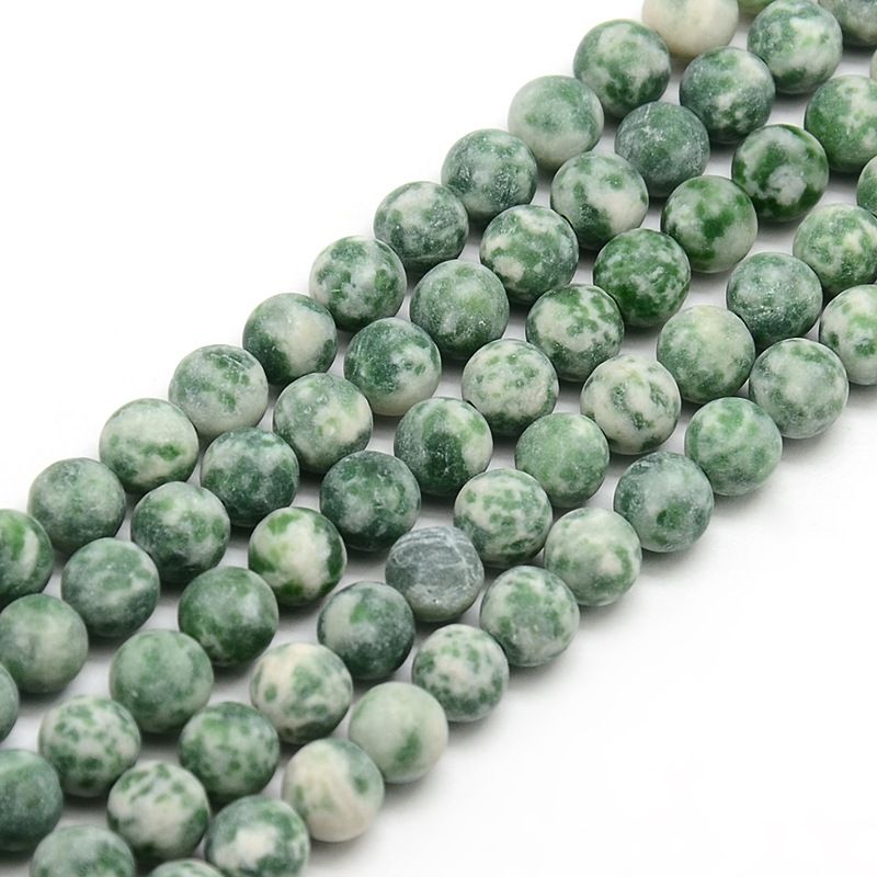 Frosted Natural Green Spot Jasper Round Bead Strands, 8, 14.9~15.6 inch