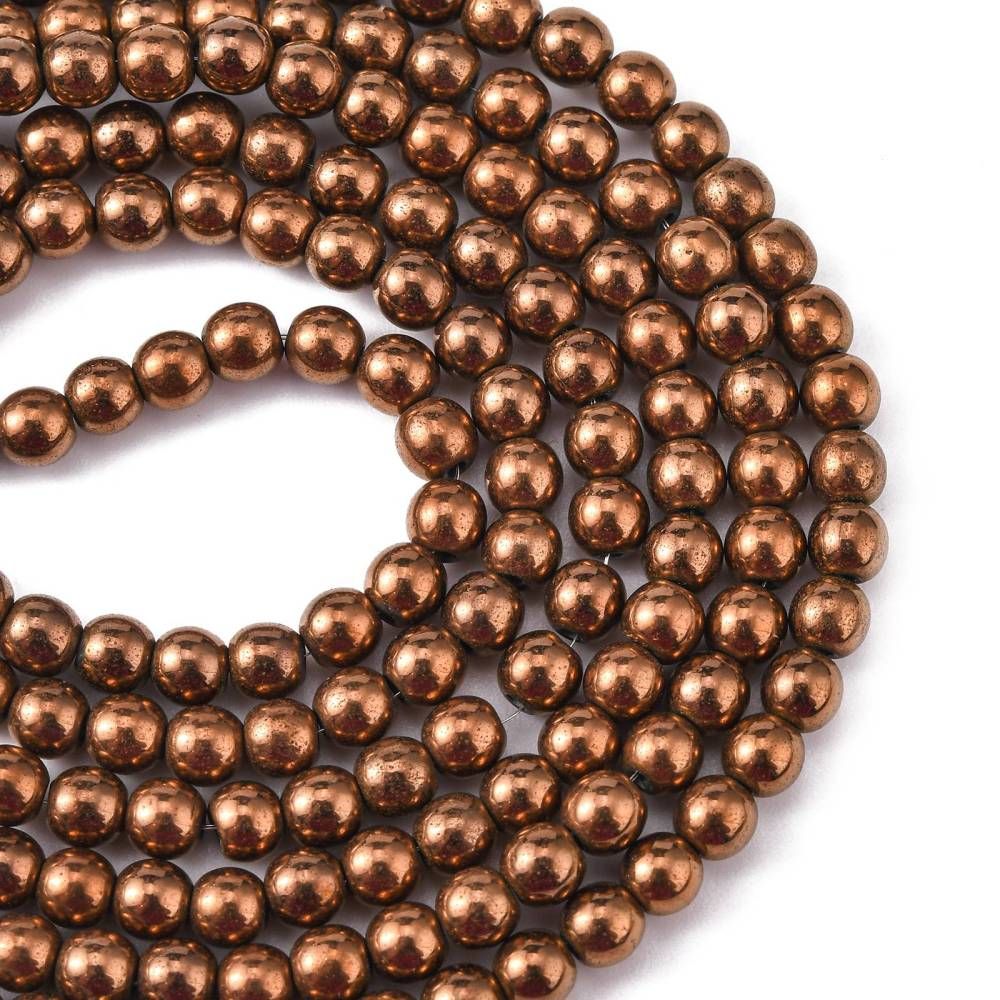 Non-magnetic Synthetic Hematite Beads Strands, Grade A, Round, Copper Plated, 4mm, Hole: 1mm, about 95~100pcs/strand, 15.5 inch