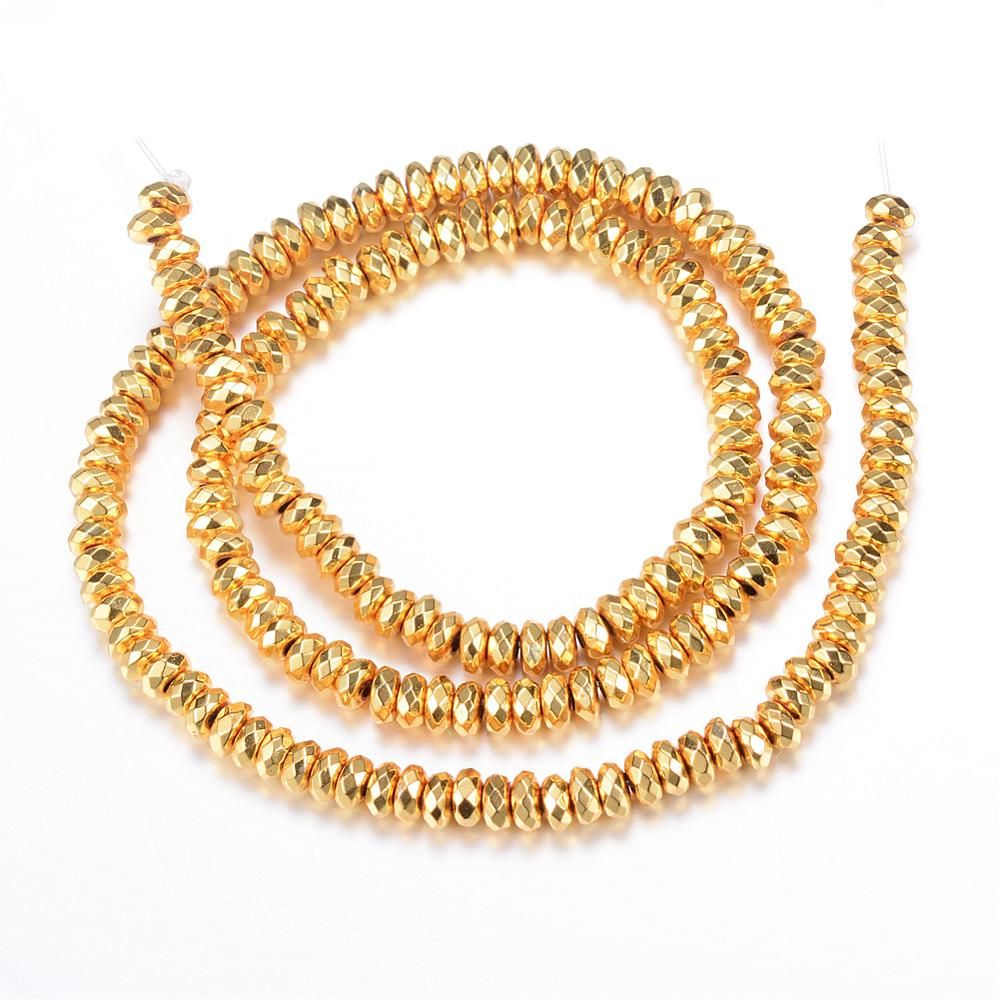 Electroplate Non-magnetic Synthetic Hematite Bead Strands, Rondelle, Faceted, Golden Plated, 7.5~8x4mm, Hole: 1~1.5mm, about 101pcs/strand, 15.7 inch