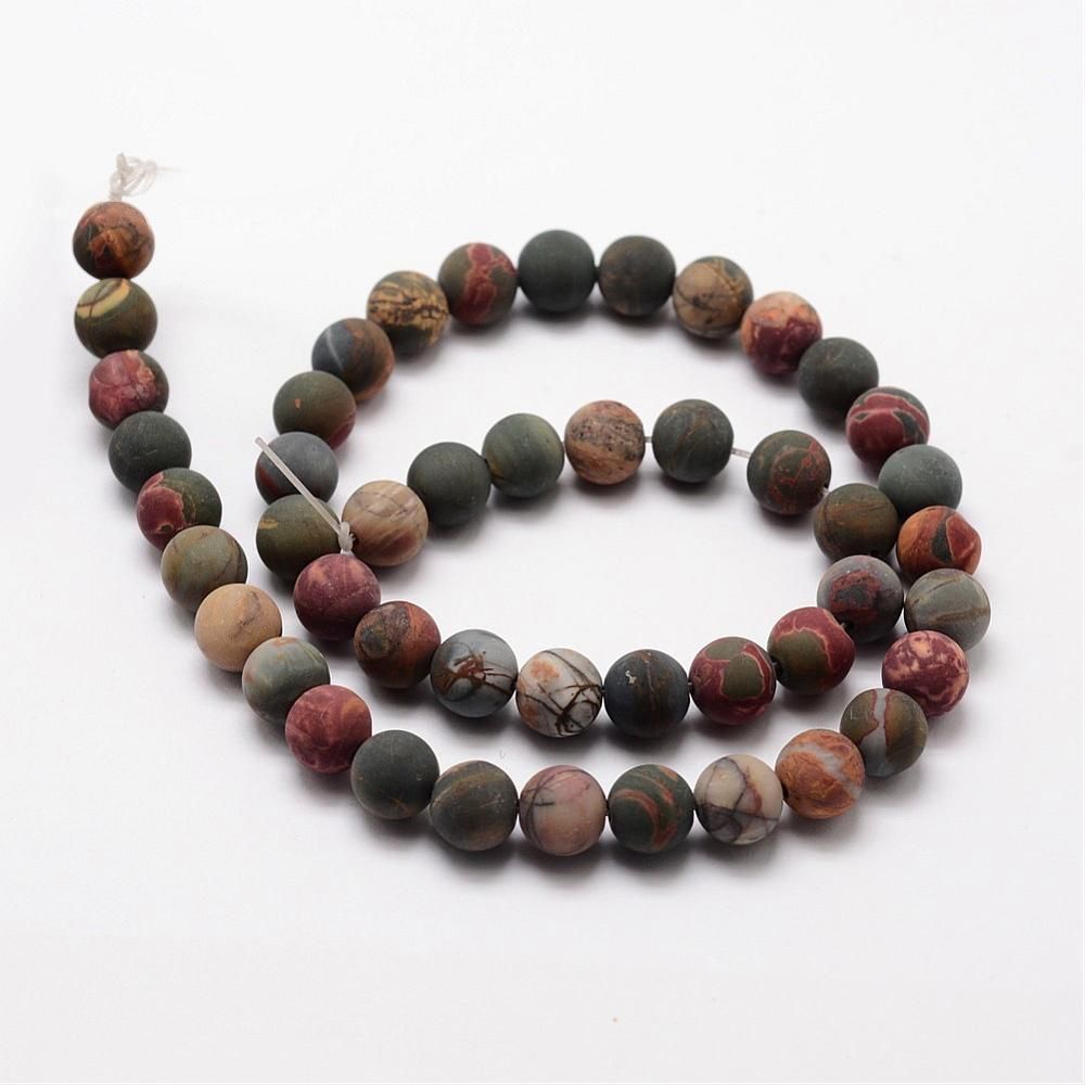 Natural Polychrome Jasper/Picasso Stone/Picasso Jasper Frosted Bead Strands, Round, 8mm, Hole: 1mm, about 24pcs/strand, 7.7 inch