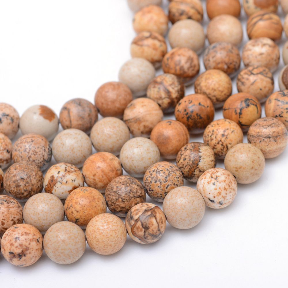 Round Natural Picture Jasper Bead Strands, 14.9~15.2 inch