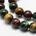 Natural Tiger Eye Beads Strands, Round, Grade A, Mixed Color, 10mm, Hole: 1.2mm, about 38pcs/strand, 15.5 inch