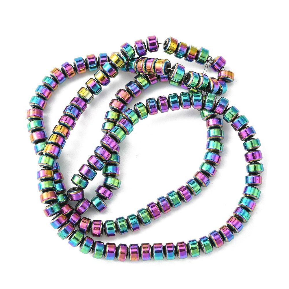 Hematite Beads Strands, Disc, Heishi Beads, Rainbow Plated, 4x3mm, Hole: 1mm, about 138pcs/strand, 15.75''(40cm)