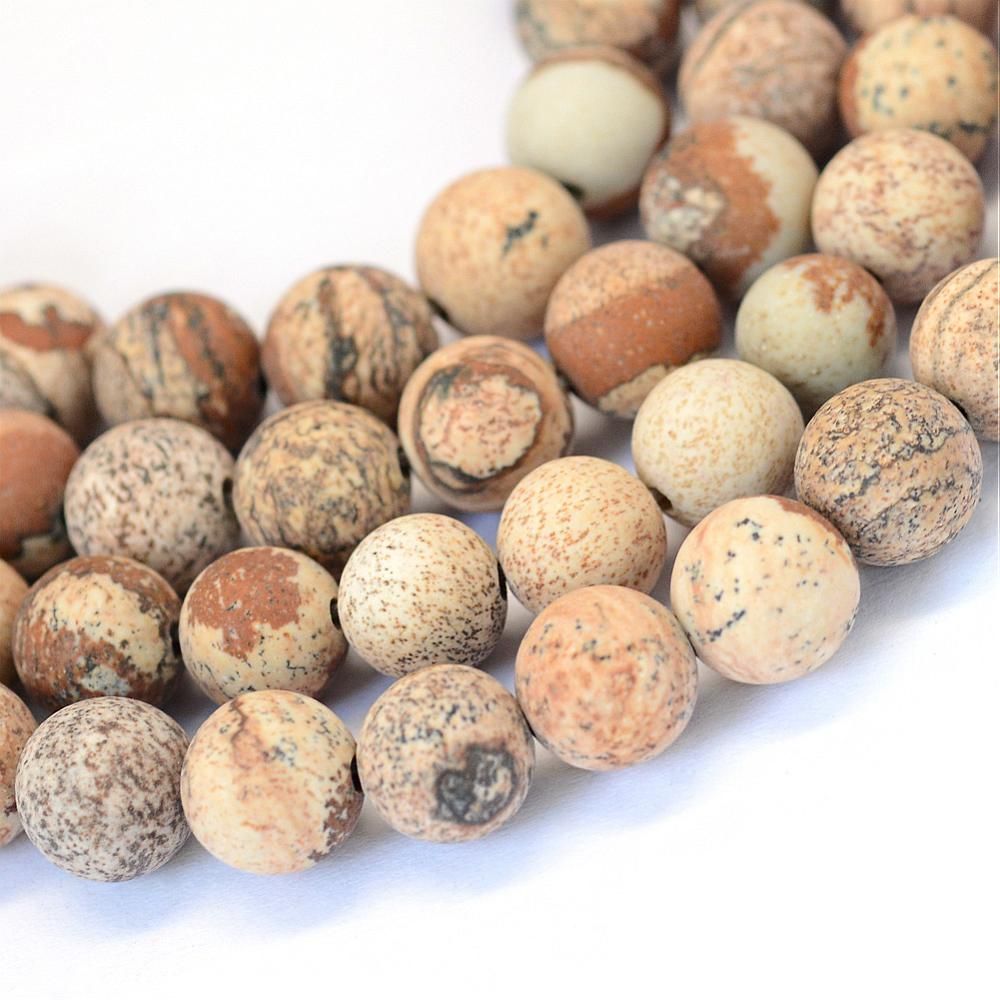 Frosted Natural Picture Jasper Round Bead Strands, 14.5 inch