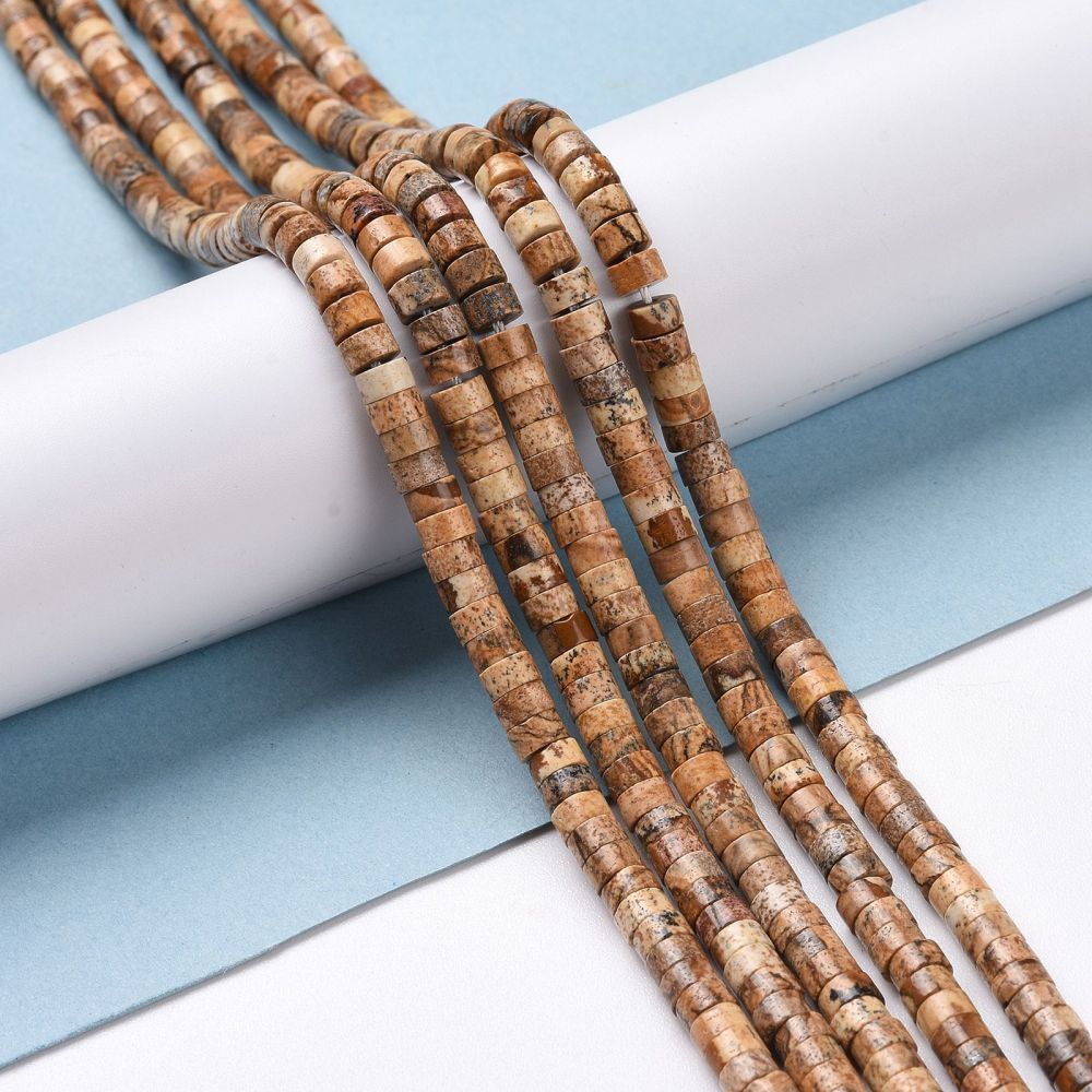 Natural Picture Jasper Beads Strands, Flat Round, 4x2~2.5mm, Hole: 1mm, about 148~156pcs/strand, 14.96''(38cm)
