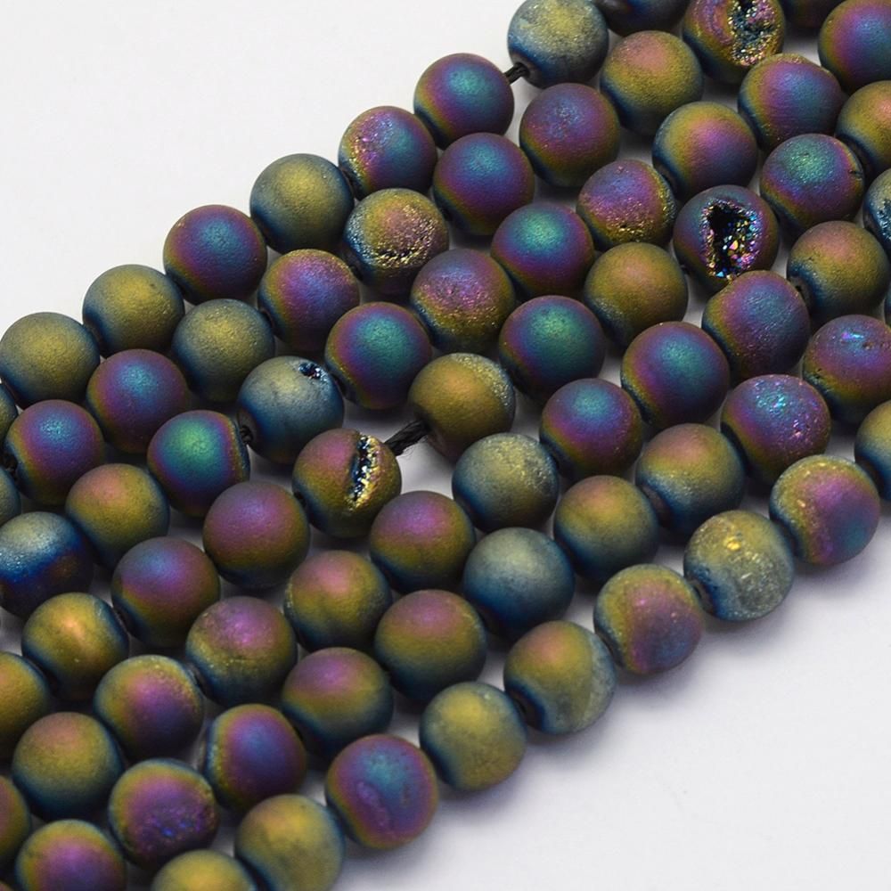 Electroplate Natural Druzy Agate Beads Strands, Round, Frosted, Multi-color Plated, 8~9mm, Hole: 1mm, about 45~48pcs/strand, 14.9 inch(38cm)