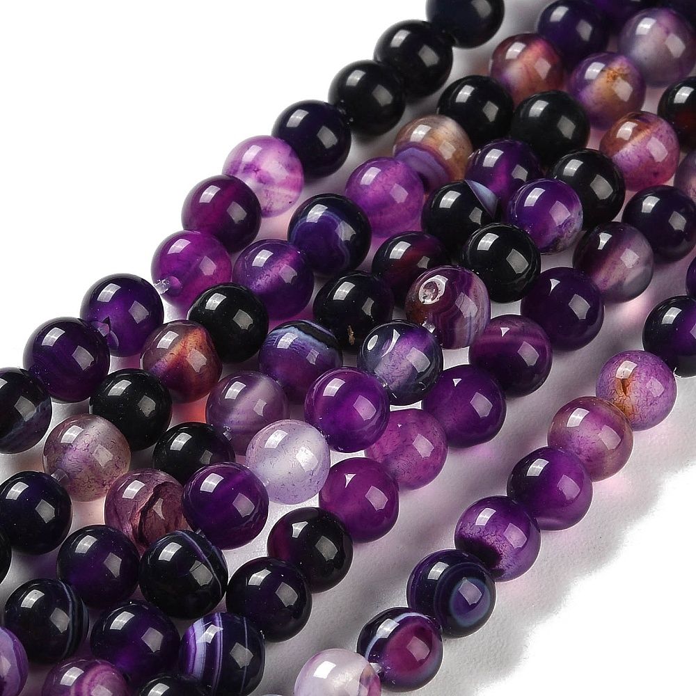 Natural Striped Agate/Banded Agate Beads Strands, Dyed, Round, 6mm, Hole: 0.8mm, about 32pcs/strand, 7.60''(19.3cm)