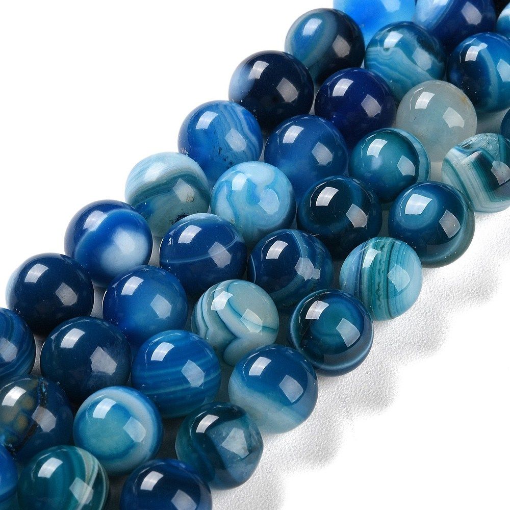 Natural Striped Agate/Banded Agate Beads Strands, Dyed, Round, 10mm, Hole: 1.2mm, about 19pcs/strand, 7.60''(19.3cm)