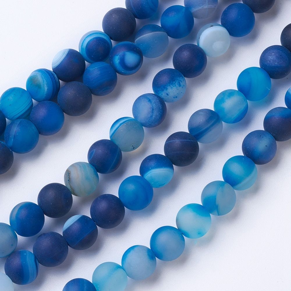 Natural Grade A Striped Agate/Banded Agate Beads Strands, Dyed & Heated, Frosted, Round,10mm, Hole: 1.2mm, about 47pcs/strand, 14.9 inch(38cm)