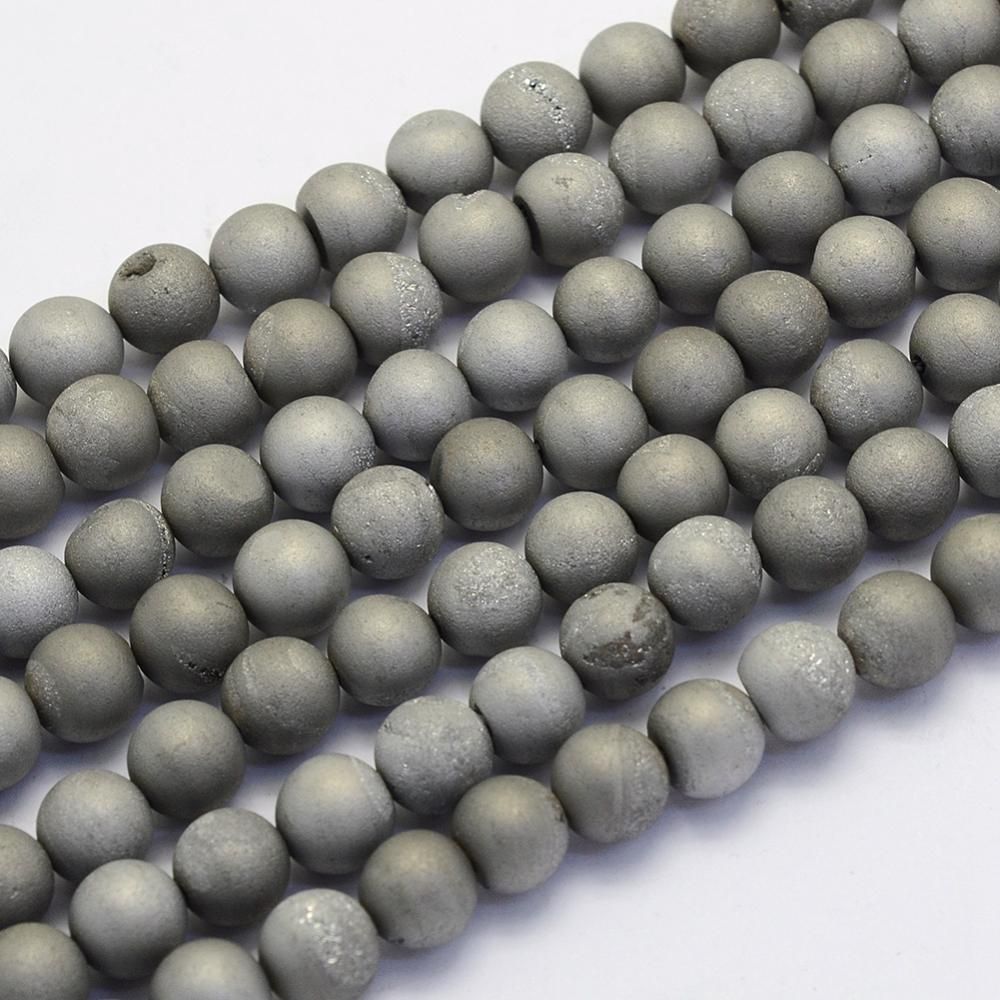 Electroplate Natural Druzy Agate Beads Strands, Round, Frosted, Multi-color Plated, 8~9mm, Hole: 1mm, about 45~48pcs/strand, 14.9 inch(38cm)