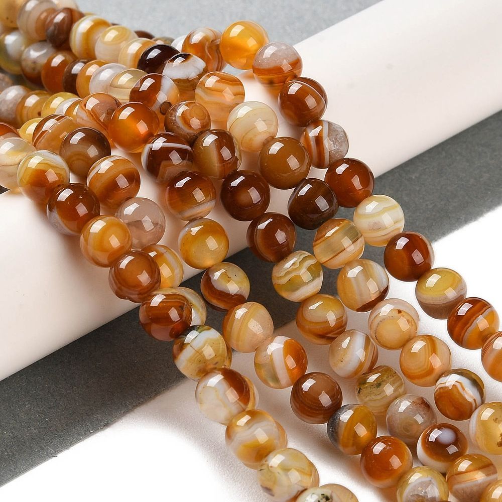 Natural Striped Agate/Banded Agate Beads Strands, Dyed, Round, 6mm, Hole: 0.8mm, about 32pcs/strand, 7.60''(19.3cm)