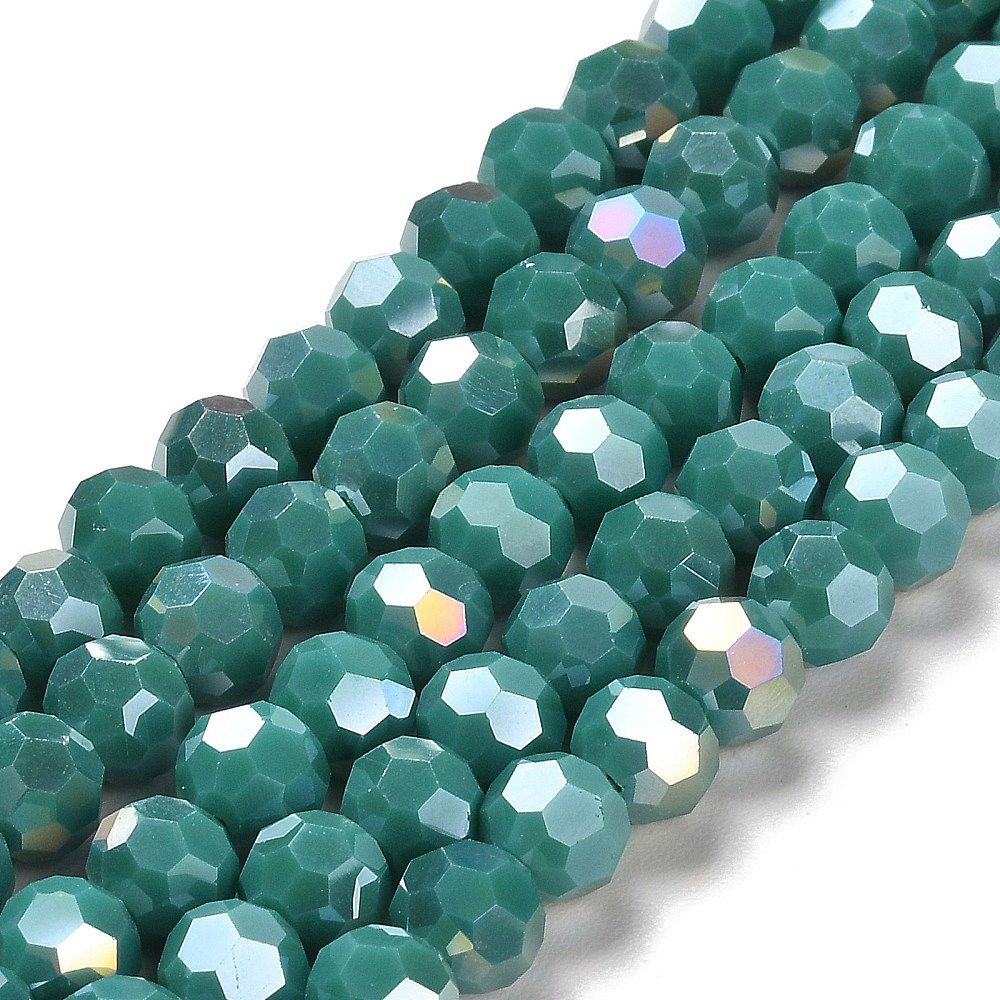 Opaque Glass Beads Stands, AB Color, Faceted(32 Facets), Round, 8x7~7.5mm, Hole: 1.5mm, about 66pcs/strand, 18.82~19.06 inch(47.8~48.4cm)
