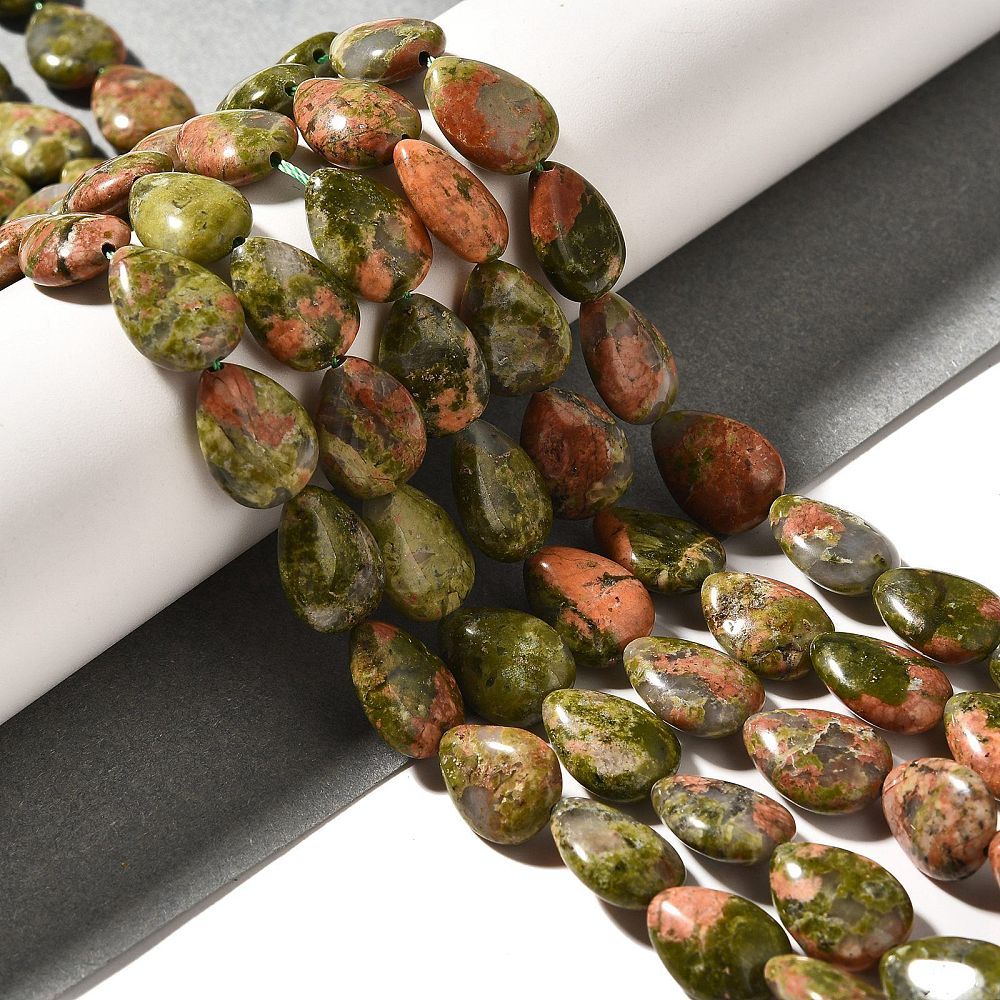 Natural Unakite Beads Strands, Teardrop, 13.5~14x10~10.5x5mm, Hole: 1mm, about 27~28pcs/strand, 37.3~38.3cm