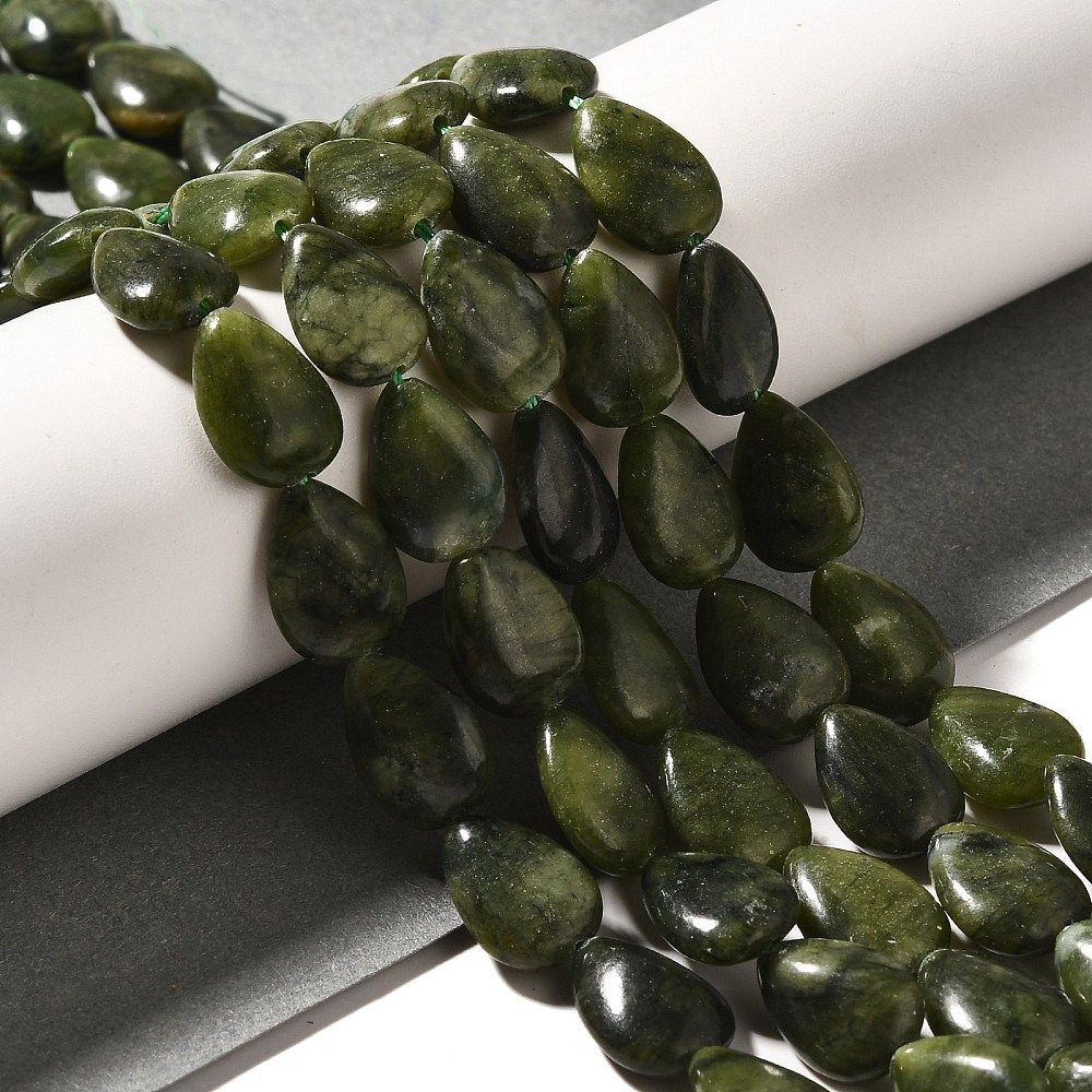 Natural Chinese Jade Beads Strands, Teardrop, 13.5~14x10~10.5x5mm, Hole: 1mm, about 27~28pcs/strand, 37.3~38.3cm