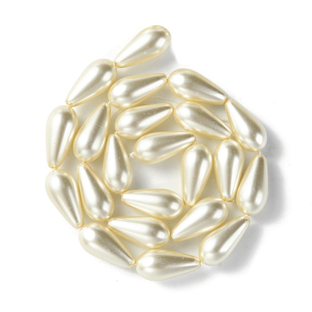 Grade A Glass Pearl Beads, Painted, Drop, Light Yellow, 16x8mm, Hole: 1mm, about 24~26pcs/strand, 16.5inch(42cm)