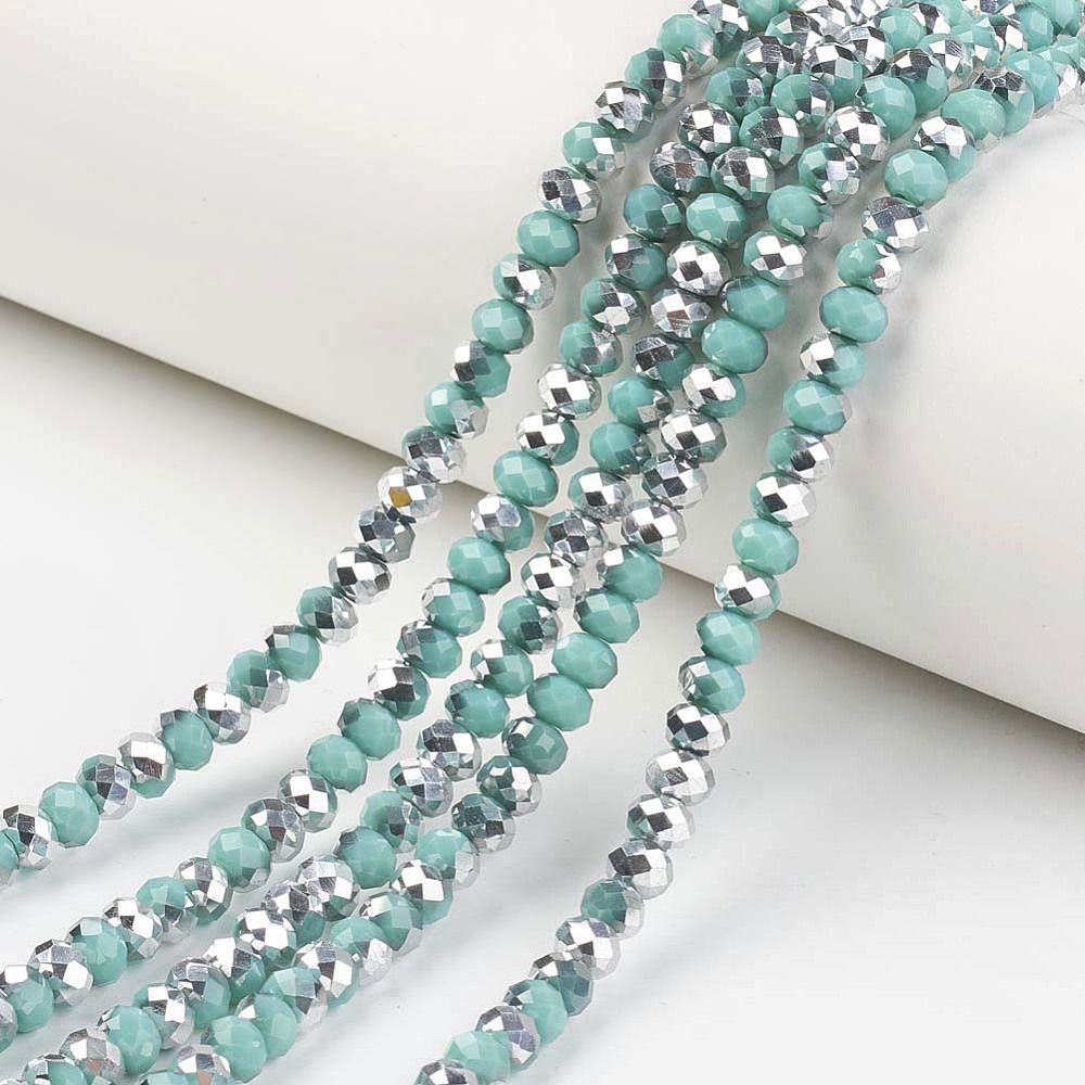 Electroplate Opaque Glass Beads Strands, Half Silver Plated, Faceted, Rondelle, 4x3mm, Hole: 0.4mm, about 105~110pcs/strand, 38~39cm