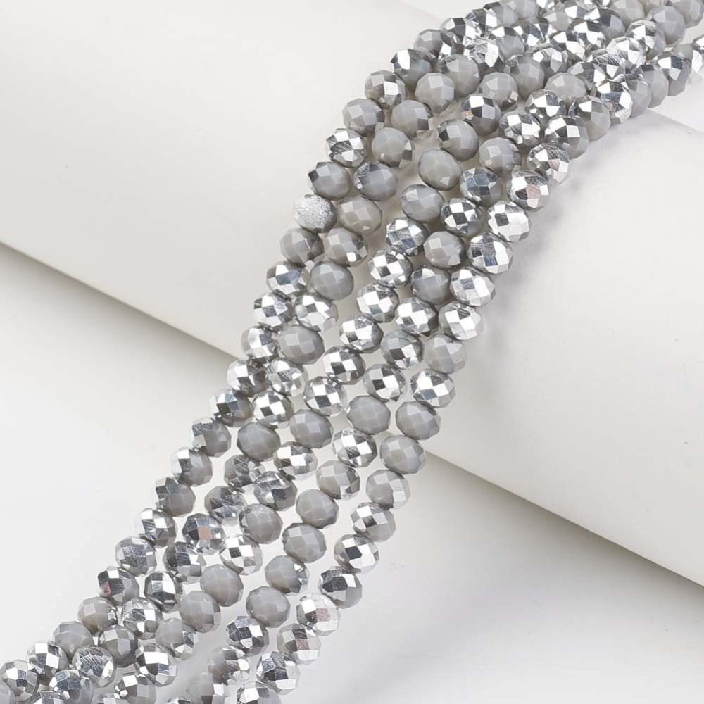 Electroplate Opaque Glass Beads Strands, Half Silver Plated, Faceted, Rondelle, 4x3mm, Hole: 0.4mm, about 105~110pcs/strand, 38~39cm