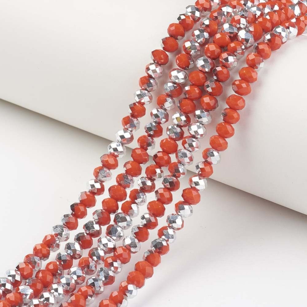 Electroplate Opaque Glass Beads Strands, Half Silver Plated, Faceted, Rondelle, 4x3mm, Hole: 0.4mm, about 105~110pcs/strand, 38~39cm