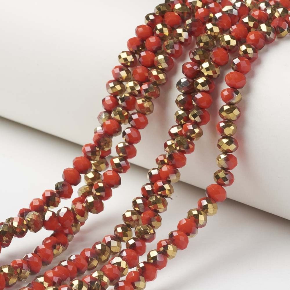 Electroplate Opaque Glass Beads Strands, Half Golden Plated, Faceted, 6x5mm, Hole: 1mm, about 80~85pcs/strand, 38~40cm