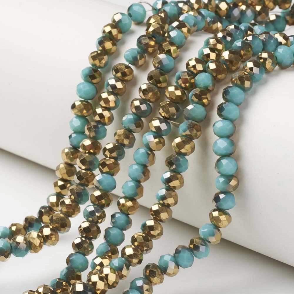 Electroplate Opaque Glass Beads Strands, Half Golden Plated, Faceted, 6x5mm, Hole: 1mm, about 80~85pcs/strand, 38~40cm