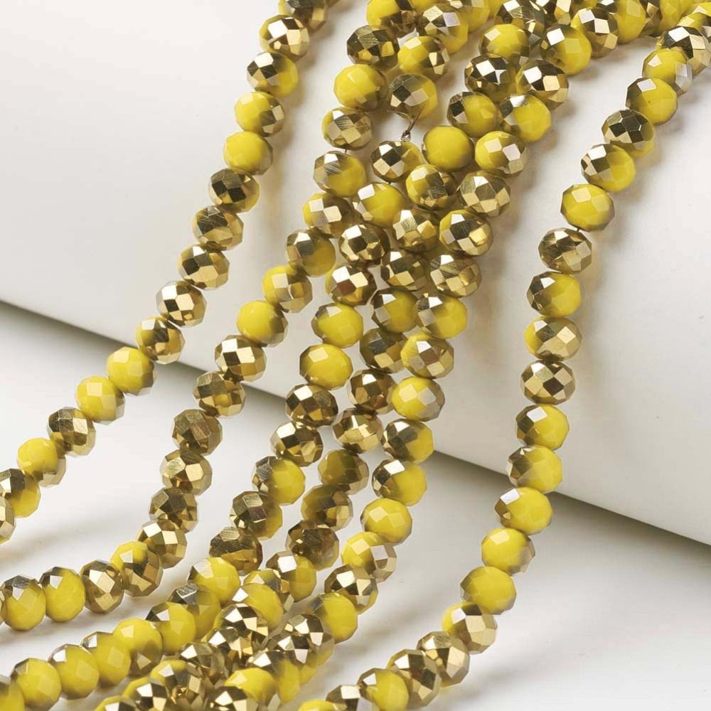 Electroplate Opaque Glass Beads Strands, Half Golden Plated, Faceted, 6x5mm, Hole: 1mm, about 80~85pcs/strand, 38~40cm