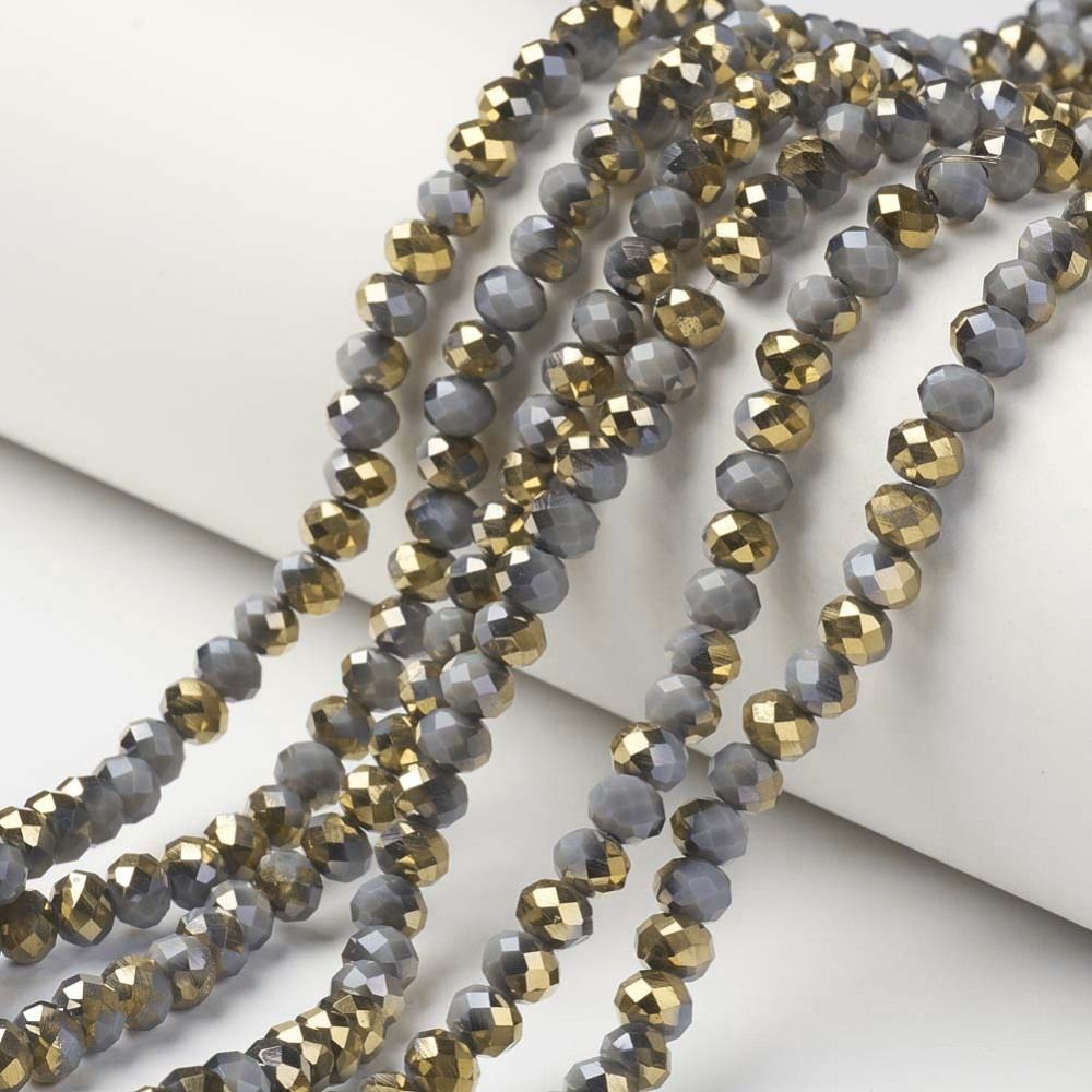 Electroplate Opaque Glass Beads Strands, Half Silver Plated, Faceted, Rondelle, 4x3mm, Hole: 0.4mm, about 105~110pcs/strand, 38~39cm