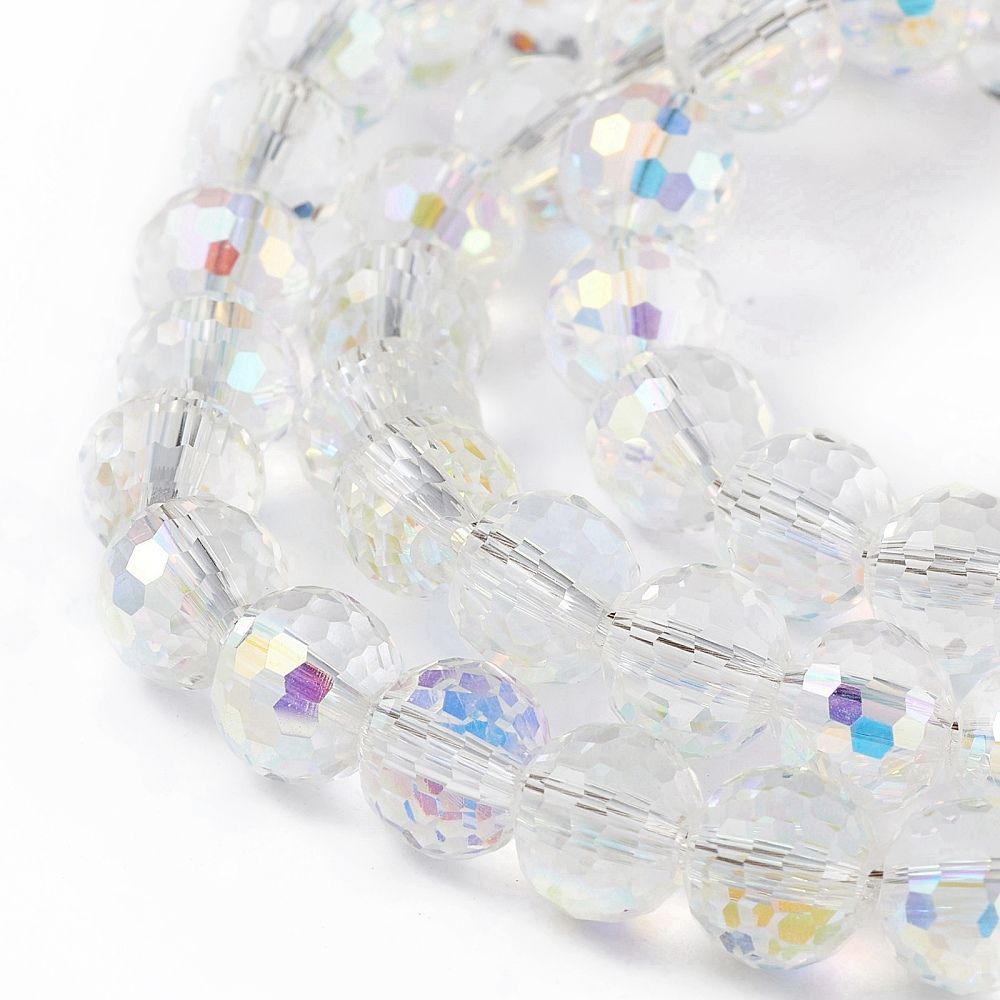 Transparent Electroplate Glass Beads Strands, Faceted(96 Facets), Round, AB Color Plated, 7.5~8x7mm, Hole: 1.2mm, about 68~70pcs/strand, 19.68~20.07 inch(50~51cm)