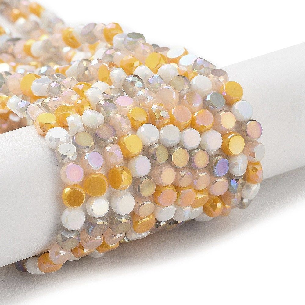 Electroplate Glass Beads, Faceted, Flat Round, Colorful, 4x2.5mm, Hole: 0.9mm, about 100~104pcs/strand, 14.17''~14.96''(36~38cm)