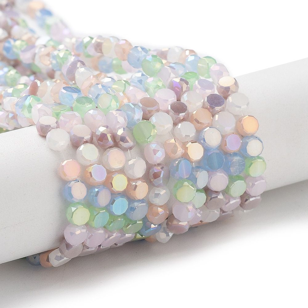 Electroplate Glass Beads, Faceted, Flat Round, Colorful, 4x2.5mm, Hole: 0.9mm, about 100~104pcs/strand, 14.17''~14.96''(36~38cm)