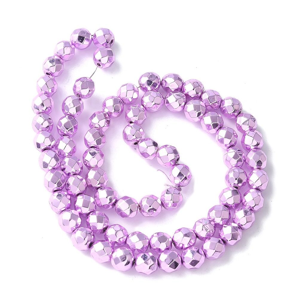 Electroplated Synthetic Non-magnetic Hematite Beads Strands, Round, Faceted, 6x5.5mm, Hole: 1mm, about 68~72pcs/strand, 15.59~15.98''(39.6~40.6cm)