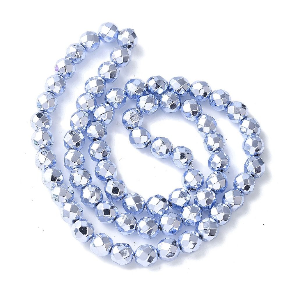 Electroplated Synthetic Non-magnetic Hematite Beads Strands, Round, Faceted, 6x5.5mm, Hole: 1mm, about 68~72pcs/strand, 15.59~15.98''(39.6~40.6cm)