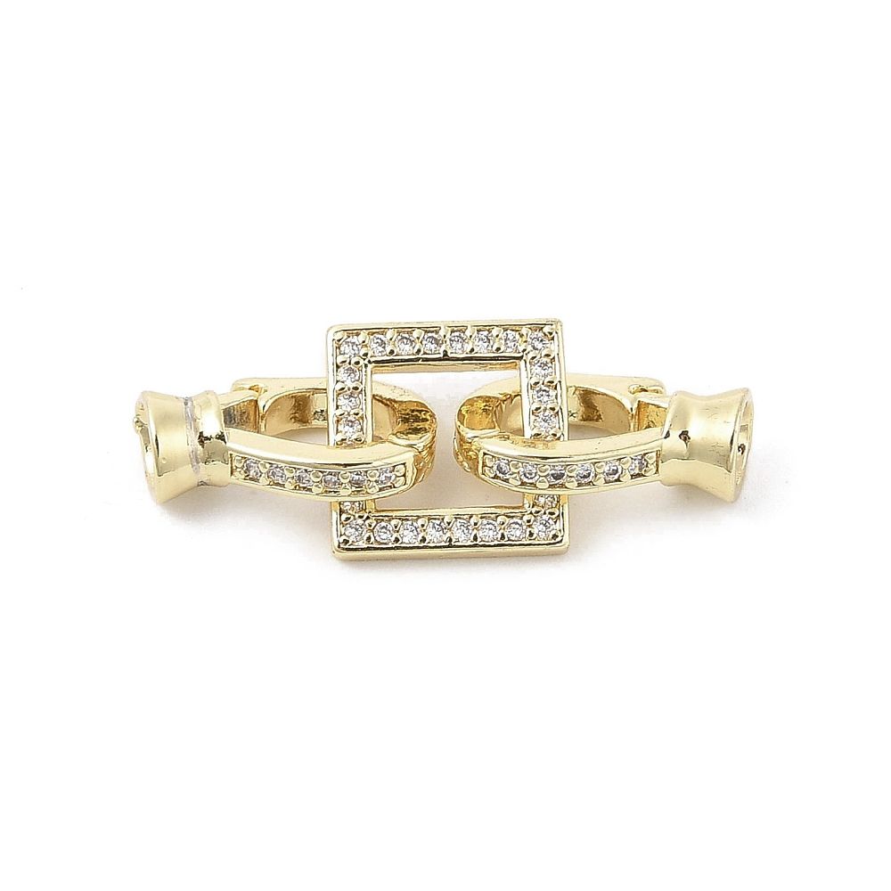 Brass Micro Pave Clear Cubic Zirconia Fold Over Clasps, Cadmium Free & Nickel Free & Lead Free, Square, Real 18K Gold Plated/25mm