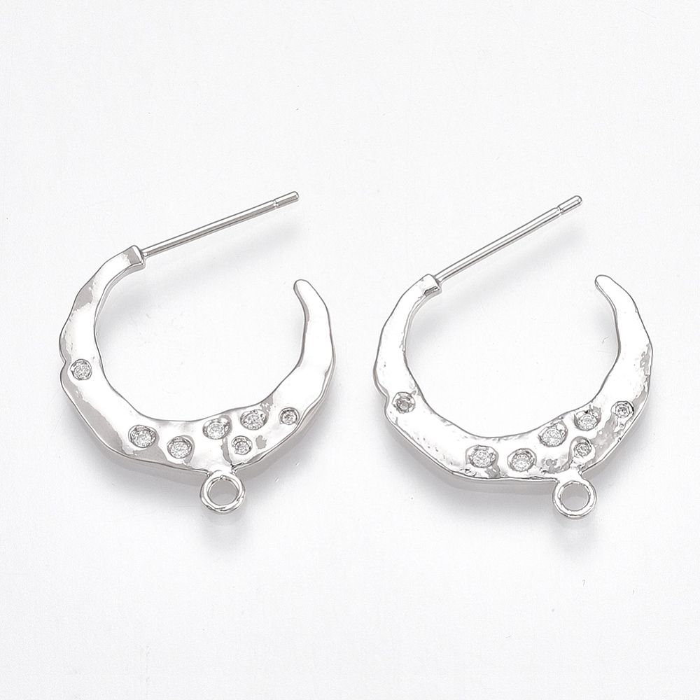 2pcs/Brass Stud Earring Findings, Half Hoop Earrings, with Loop & Cubic Zirconia, Clear,/21x20x1.5mm