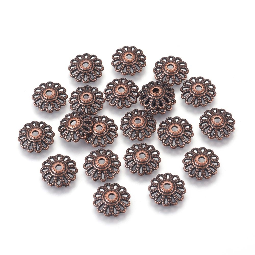 20pcs/Tibetan Style Alloy Caps, Lead Free & Cadmium Free, Red Copper/ 12x3mm