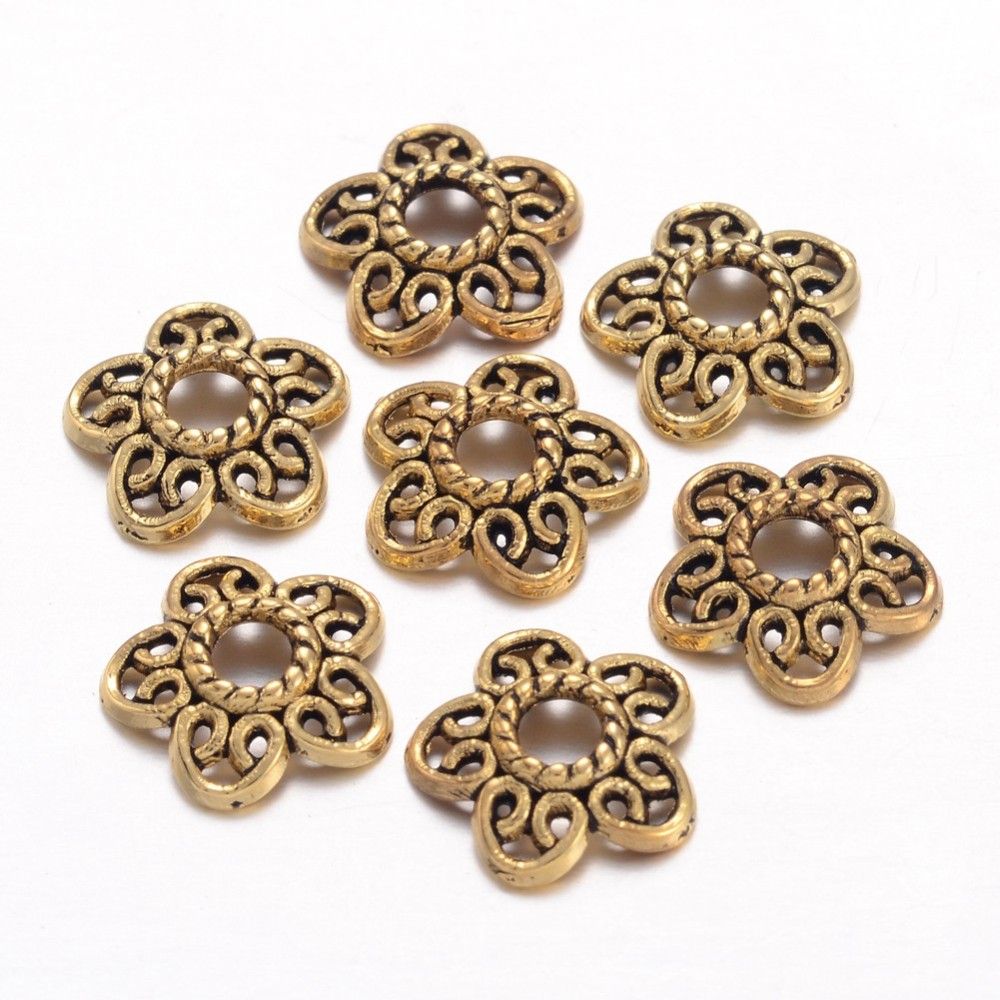 20pcs/Tibetan Style Alloy Caps, Lead Free & Cadmium Free, Antique Golden/ 10.7x11x2.5mm